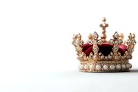 Ornate golden crown with red velvet interior and pearl details on white background, featuring intricate cross designs and jeweled embellishments. Royal symbol isolated.
