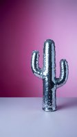 Silver sequined cactus decoration on purple gradient background for modern interior design and party decor concepts.