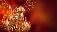 Golden ornate rabbit figurine surrounded by swirling flames and decorative clouds on warm red background for lunar new year celebrations and festive designs.