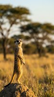 Meerkat standing guard on termite mound in African savanna during golden hour with acacia trees in background for wildlife and nature photography.