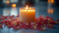 Glowing aromatic candle surrounded by scattered pink and coral rose petals creating romantic atmosphere with soft bokeh lights in background for spa and wellness setting.