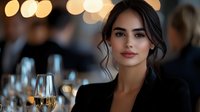 Young Mediterranean woman in black blazer with champagne glass at elegant evening event, soft bokeh lights background, professional portrait with natural makeup.