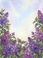 Lilac flowers with green leaves arranged on soft pastel background, isolated botanical illustration suitable for greeting cards, invitations, wall art, and decorative design projects.