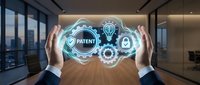 Business hands protecting intellectual property patent innovation with digital security icons in modern office environment.