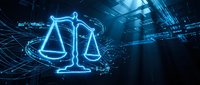 Glowing blue digital scales of justice hologram floating in futuristic cyber space with network connections and data streams for legal technology concepts.