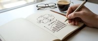 Hand drawing business strategy diagrams in notebook with coffee and glasses on desk for planning and brainstorming sessions.