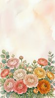 Watercolor ranunculus floral border with pastel pink, coral and orange blooms on soft beige background with copy space for text.