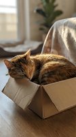 Adorable tabby cat sleeping peacefully in cardboard box on wooden table in bright cozy living room with natural sunlight streaming through window.
