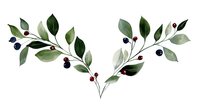 Delicate watercolor botanical composition with green leaves and small red and blue berries on white background, suitable for wedding stationery and nature-inspired designs.