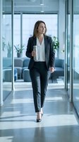 Professional businesswoman in dark suit walking through modern office corridor holding water bottle, corporate lifestyle and workplace wellness concept.
