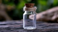Small glass bottle with cork stopper on wooden surface for natural medicine, essential oils, crafts and DIY projects with blurred green background.