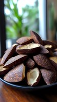 Fresh Brazil nuts with cracked shells in wooden bowl, showing creamy interior against blurred green plant background for food photography.
