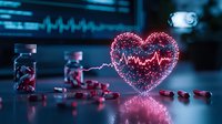 Glowing heart rate pulse with scattered red pills on dark background, medical concept visualization for healthcare and pharmaceutical industry.