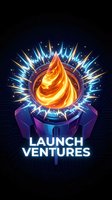 Glowing flame icon with electric blue and gold energy burst radiating from circular tech badge, perfect for startup branding and entrepreneurship marketing materials.