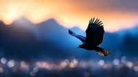Majestic eagle soaring against dramatic sunset sky over mountain landscape with spread wings in flight for wildlife and nature photography concepts.