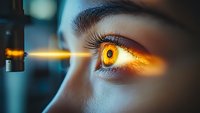 Close-up of glowing amber eye during medical examination with bright diagnostic light beam in dark ophthalmology clinic setting, dramatic lighting effect.