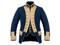 Navy blue formal coat with gold brocade trim and double-breasted buttons, isolated on white background, suitable for historical costume, theatrical production, or period fashion design.
