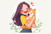 Young Asian woman with long dark hair wearing yellow top hugging orange cat, both expressing joy and affection, decorated with heart symbols and green leaves on light background.