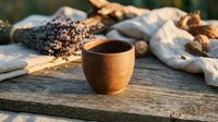 Wooden cup filled with dark liquid on rustic table surrounded by lavender, ginger root, and natural linens for herbal tea and wellness product photography.