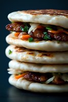 Stack of homemade flatbread sandwiches with grilled sausages, fresh herbs and vegetables on dark background for restaurant menu design.