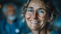 Smiling middle-aged Caucasian female scientist with glasses in laboratory setting. Professional researcher or medical expert working in modern facility.