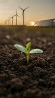 Green seedling sprouting from rich soil with wind turbines and solar panels at sunset representing sustainable energy and environmental growth.