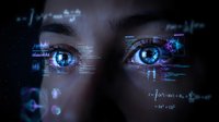 Futuristic digital interface projected on woman face with glowing blue eyes and holographic data overlay for technology and artificial intelligence concepts.