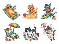 Cartoon cats enjoying summer activities including relaxing on beach chair, building sandcastle, surfing, lounging under umbrella, playing with toys, and bathing. Isolated clipart on transparent background, ready for children's designs, t-shirts, stickers, and educational materials.