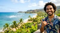 Young man with curly dark hair and beard, Middle Eastern or North African ethnicity, wearing tropical print shirt, giving thumbs up gesture on coastal overlook with turquoise ocean, sandy beach, palm trees and lush vegetation below.