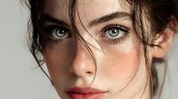 Close-up portrait of young woman with intense green eyes, natural freckles, and loose dark hair strands falling across her face against neutral background.