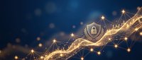 Digital security network with glowing padlock icon and connected data streams on dark blue background for cybersecurity and data protection concepts.