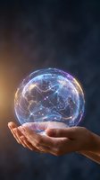 Hands holding glowing digital brain with neural network connections representing artificial intelligence, machine learning and futuristic technology concepts.