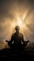 Silhouette of person meditating in lotus position against dramatic golden sunburst sky. Spiritual wellness and mindfulness concept for yoga practice.