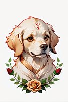 Artistic portrait of golden retriever puppy with decorative rose and leaf frame on white background, stylized illustration for prints and merchandise.