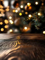 Rustic wooden table surface with blurred Christmas tree lights creating magical bokeh effect in background, festive holiday atmosphere for product display.