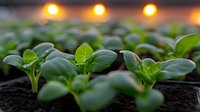Young green seedlings growing in greenhouse soil with warm yellow lights in background, macro view of fresh sprouts for sustainable agriculture and farming.