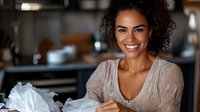Young African American woman with curly hair smiling while unpacking groceries in modern kitchen, wearing casual beige sweater, representing healthy lifestyle and home activities.