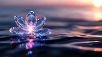Glowing crystal lotus flower floating on rippling water surface at sunset, with magical pink and blue light reflections creating ethereal atmosphere.