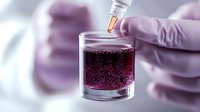 Laboratory technician in protective gloves adding liquid reagent to glass beaker containing purple solution with bubbling chemical reaction against blurred background.