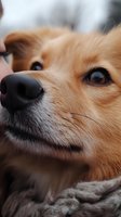 Close-up portrait of an adorable Pomeranian mix dog with honey-colored fur, focusing on expressive brown eyes and black nose, lying on soft blanket.