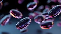 Transparent oval capsules with pink and purple hues floating against dark background, ideal for pharmaceutical or scientific presentations.