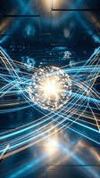 Futuristic digital network with glowing energy core and light beams in cyberpunk tunnel for technology and sci-fi concepts.