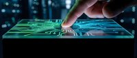 Hand touching futuristic holographic interface with glowing circuit patterns and digital data visualization on transparent screen for technology concepts.
