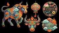 Colorful Chinese zodiac ox set with lantern, bat coin medallion, and cloud elements, isolated on transparent background, ready for stickers, sublimation, and print on demand.