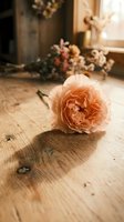Single peach rose bloom on rustic wooden surface with soft natural lighting and blurred floral arrangement background for romantic wedding decor.