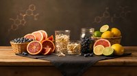 Healthy organic food ingredients with citrus fruits, nuts, grains and berries arranged on wooden table against dark background with molecular structure.