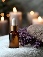 Essential oil amber glass dropper bottle with lavender flowers on white towel, surrounded by glowing candles creating relaxing spa atmosphere.