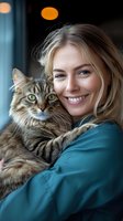 Young blonde woman in teal sweater holding and cuddling with Maine Coon cat. Close-up portrait showing genuine happiness and connection between pet owner and furry companion.