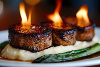 Flaming beef medallions served on creamy mashed potatoes with grilled asparagus spears, dramatic fire presentation in fine dining restaurant setting.
