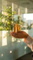 Hand holding wooden family figures in protective gesture with warm sunlight streaming through modern office windows representing care and security.